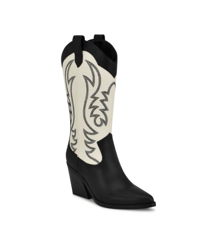 Nine West Women's Keeks Pointy Toe Block Heel Western Boots In White,black Faux Leather