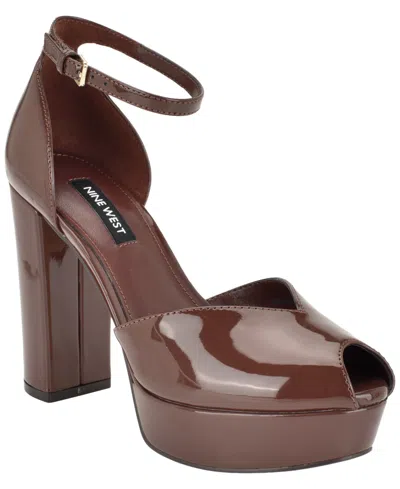 Nine West Women's Keela Peep Toe High Block Heel Dress Sandals In Brown