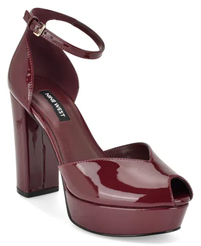 Nine West Women's Keela Peep Toe High Block Heel Dress Sandals In Burgundy