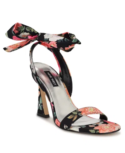 Nine West Women's Kelsie Ankle Wrap Sculpted Heel Sandals In Black Summer Blooms Print