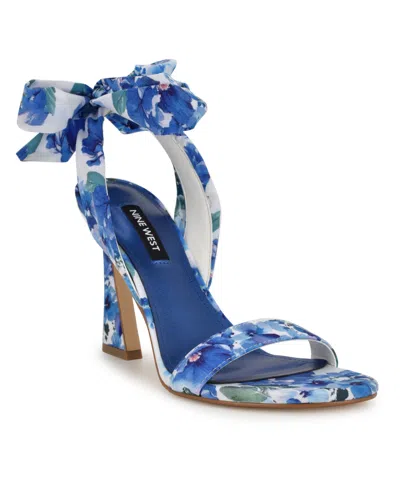 Nine West Women's Kelsie Ankle Wrap Sculpted Heel Sandals In Blue Bouquet Floral