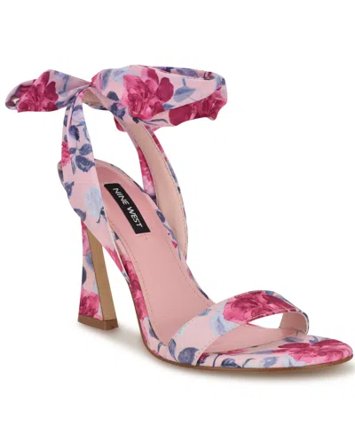 Nine West Women's Kelsie Ankle Wrap Sculpted Heel Sandals In Pink Mystic Garden Print