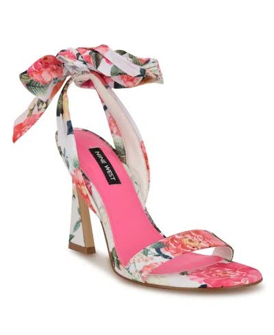 Nine West Kelsie Ankle Tie Sandal In White Summer Blooms Print