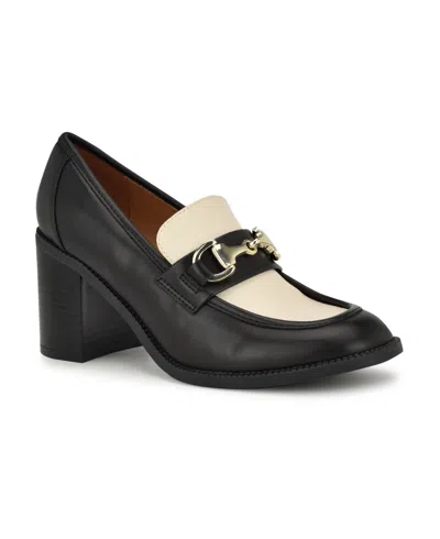 Nine West Women's Koolo Slip-on Round Toe Block Heel Loafers In Black,cream