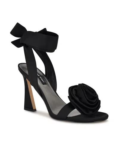 Nine West Women's Krave Tapered Heel Open Toe Dress Sandals In Black Satin