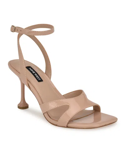 Nine West Women's Kuane Square Toe Tapered Heel Dress Sandals In Light Natural Patent - Faux Patent Leath