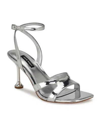 Nine West Women's Kuane Square Toe Tapered Heel Dress Sandals In Silver Mirror Metallic - Manmade