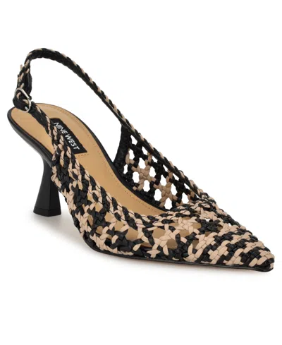 Nine West Women's Madalene Woven Slingback Kitten Heel Pumps In Black,tan