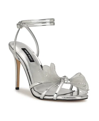 Nine West Women's Minky Stiletto Heel Strappy Dress Sandals In Silver Mirror Metallic
