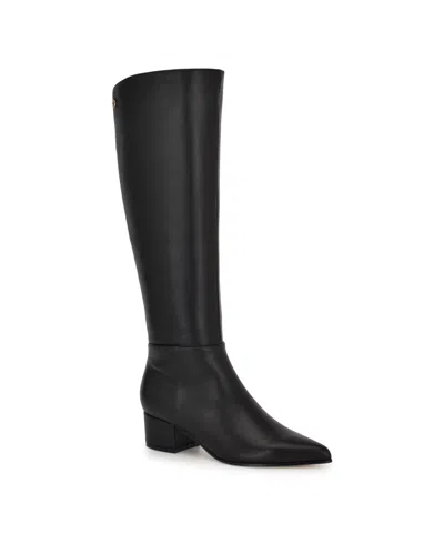Nine West Women's Morgin Pointy Toe Block Heel Knee High Boots In Black Leather