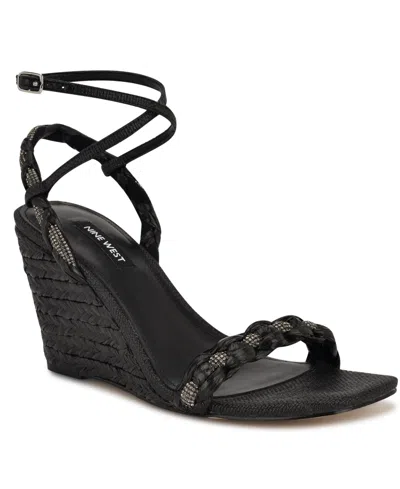 NINE WEST WOMEN'S NASHY WOVEN EMBELLISHED WEDGE SANDALS