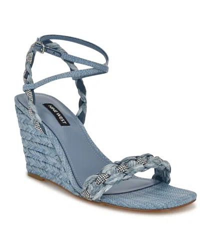 Nine West Women's Nashy Woven Embellished Wedge Sandals In Blue