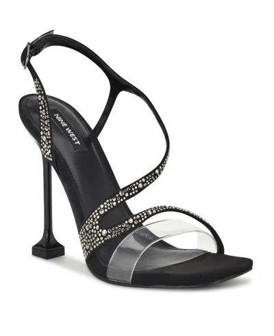 Nine West Women's Nines Embellished Tapered Heel Dress Sandals In Black,clear - Faux Suede,manmade