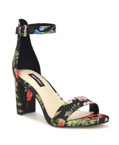 Nine West Women's Pruce Round Toe Block Heel Dress Sandals In White Garden Print Multi