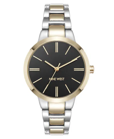Nine West Women's Quartz Black And Two-tone Metal Alloy Bracelet Watch, 34mm In Black,silver-tone,gold-tone