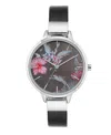 Nine West Women's Quartz Black Faux Leather Band And Floral Pattern Watch, 38mm In Black,silver-tone