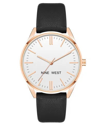 Nine West Women's Quartz Black Faux Leather Band Watch, 36mm In Black,rose Gold-tone