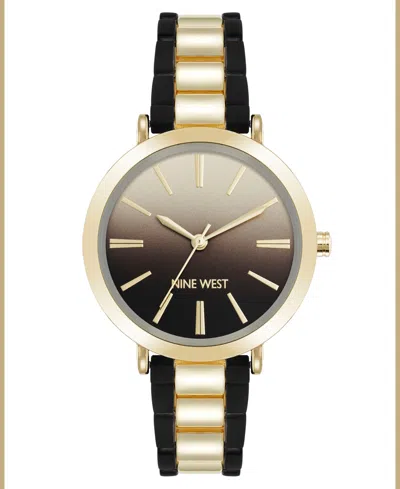 Nine West Women's Quartz Black Silicone And Gold-tone Metal Alloy Watch, 36mm In Black,gold-tone