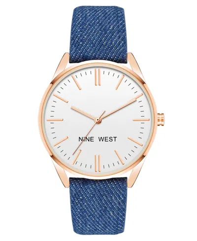Nine West Women's Quartz Blue Faux Leather Band Watch, 36mm In Blue,rose Gold-tone