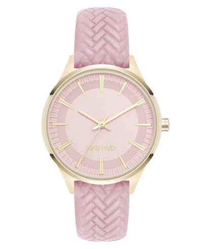 Nine West Women's Quartz Boyfriend Gold-tone And Pink Polyurethane Leather Band Watch, 35mm In Pink,gold-tone