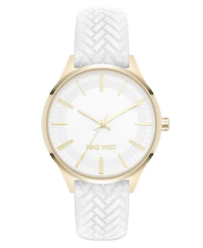 Nine West Women's Quartz Boyfriend Gold-tone And White Polyurethane Leather Band Watch, 35mm In White,gold-tone