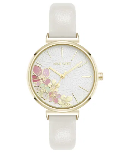 Nine West Women's Quartz Boyfriend Gold-tone And White Polyurethane Leather Band Watch, 36mm In White,gold-tone