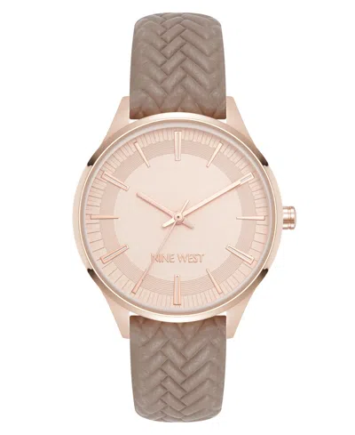 Nine West Women's Quartz Boyfriend Rose Gold-tone And Tan Polyurethane Leather Band Watch, 35mm In Tan,gold-tone