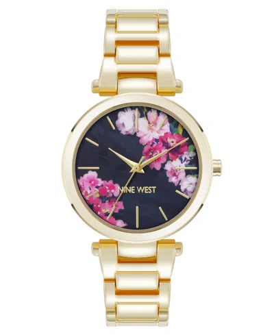 Nine West Women's Quartz Gold-tone Metal Alloy Black Floral Dial Watch, 36mm In Black,gold-tone