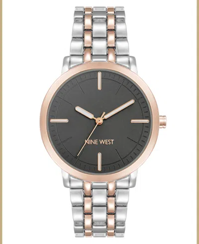 Nine West Women's Quartz Gray And Two-tone Metal Alloy Bracelet Watch, 36mm In Gray,silver-tone,rose Gold-tone