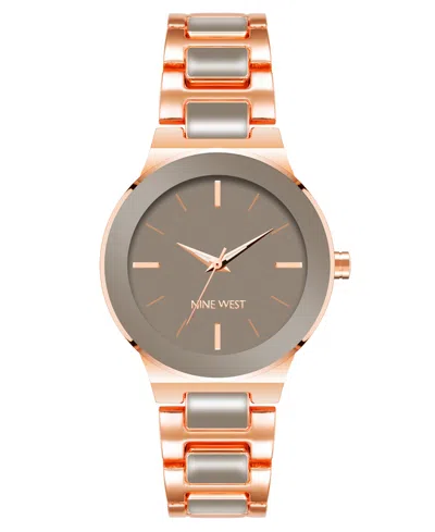 Nine West Women's Quartz Gray Enamel And Rose Gold-tone Alloy Link Bracelet Watch, 34mm In Gray,rose Gold-tone