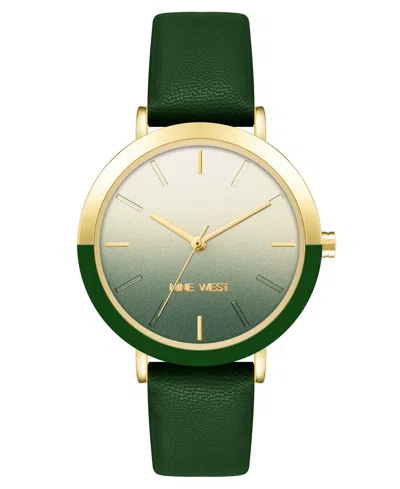 Nine West Women's Quartz Green Faux Leather Band Watch, 36mm In Green,gold-tone