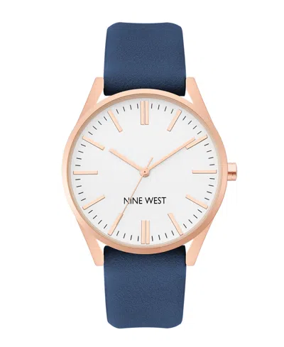 Nine West Women's Quartz Navy Faux Leather Band Watch, 36mm In Navy,rose Gold-tone