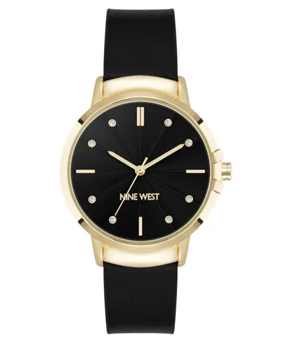 Nine West Women's Quartz Premier Black Leather And Gold-tone Watch, 34mm