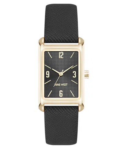 Nine West Women's Quartz Rectangular Gold-tone And Black Polyurethane Leather Band Watch, 22mm In Black,gold-tone
