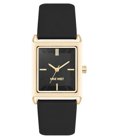 Nine West Women's Quartz Rectangular Gold-tone And Black Polyurethane Leather Band Watch, 26mm In Black,gold-tone