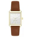 Nine West Women's Quartz Rectangular Gold-tone And Brown Polyurethane Leather Band Watch, 29mm In Brown,gold-tone