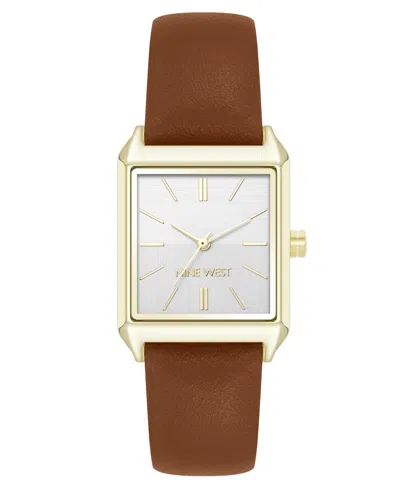 Nine West Women's Quartz Rectangular Gold-tone And Brown Polyurethane Leather Band Watch, 29mm In Brown,gold-tone