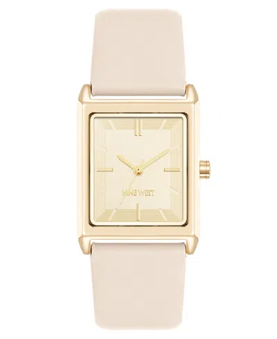 Nine West Women's Quartz Rectangular Gold-tone And Pink Polyurethane Leather Band Watch, 26mm In Cream,gold-tone