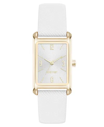 Nine West Women's Quartz Rectangular Gold-tone And White Polyurethane Leather Band Watch, 22mm In White,gold-tone