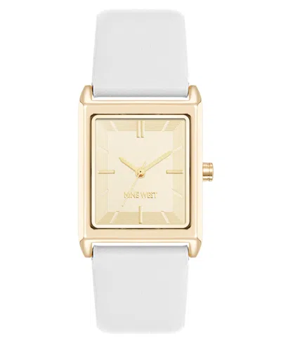 Nine West Women's Quartz Rectangular Gold-tone And White Polyurethane Leather Band Watch, 26mm In White,gold-tone