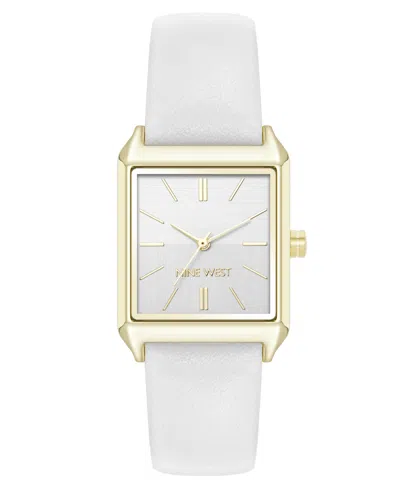 Nine West Women's Quartz Rectangular Gold-tone And White Polyurethane Leather Band Watch, 29mm In White,gold-tone