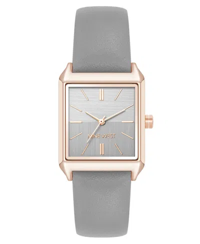 Nine West Women's Quartz Rectangular Rose Gold-tone And Gray Polyurethane Leather Band Watch, 29mm In Gray,rose Gold-tone