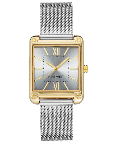 Nine West Women's Quartz Rectangular Silver-tone Stainless Steel Mesh Band Watch, 29mm In Silver-tone,gold-tone