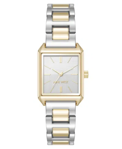 Nine West Women's Quartz Rectangular Two-tone Metal Alloy Bracelet Watch, 24mm In Silver-tone,gold-tone