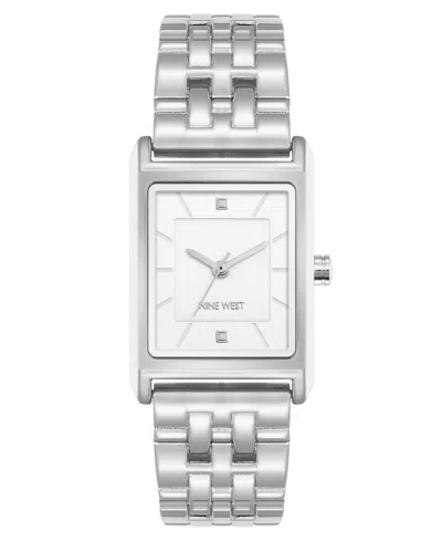 Nine West Women's Quartz Rectangular White And Silver-tone Metal Alloy Watch, 24mm
