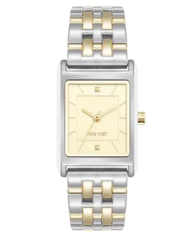 Nine West Women's Quartz Rectangular White And Two-tone Metal Alloy Watch, 24mm In Silver-tone,gold-tone