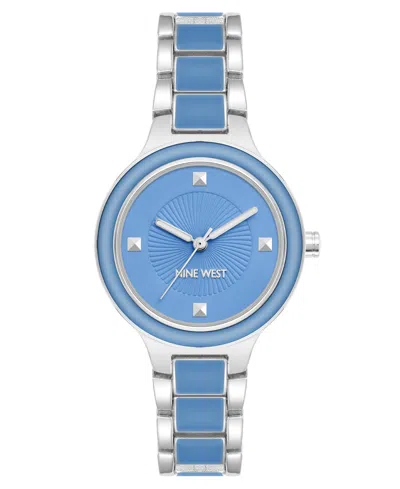 Nine West Women's Quartz Round Light Blue Enamel And Silver-tone Metal Alloy Watch, 32mm In Light Blue,silver-tone
