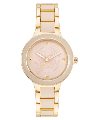 Nine West Women's Quartz Round Pink Enamel And Gold-tone Metal Alloy Watch, 32mm In Pink,gold-tone