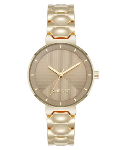 Nine West Women's Quartz Round Tan And Gold-tone Metal Alloy Bracelet Watch, 32mm In Tan,gold-tone