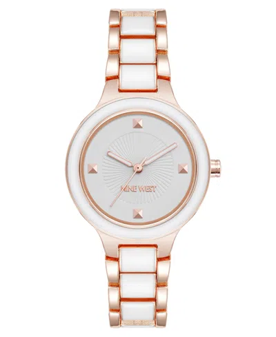 Nine West Women's Quartz Round White Enamel And Rose Gold-tone Metal Alloy Watch, 32mm In White,rose Gold-tone